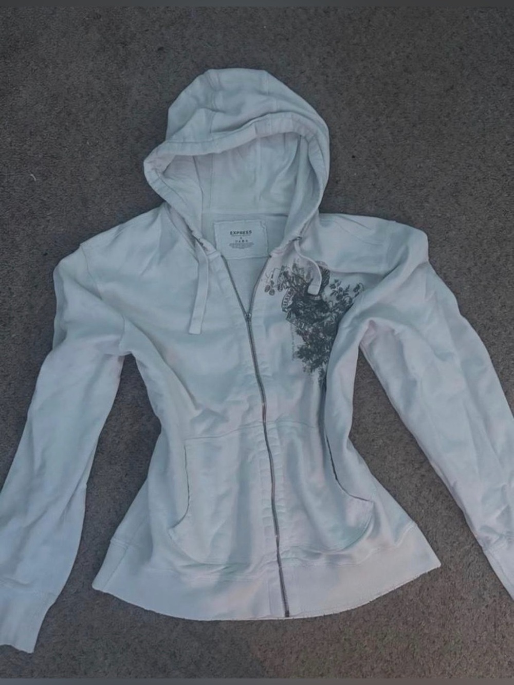 Express White Hooded Zip-Up Sweatshirt with Subtle Gray Print